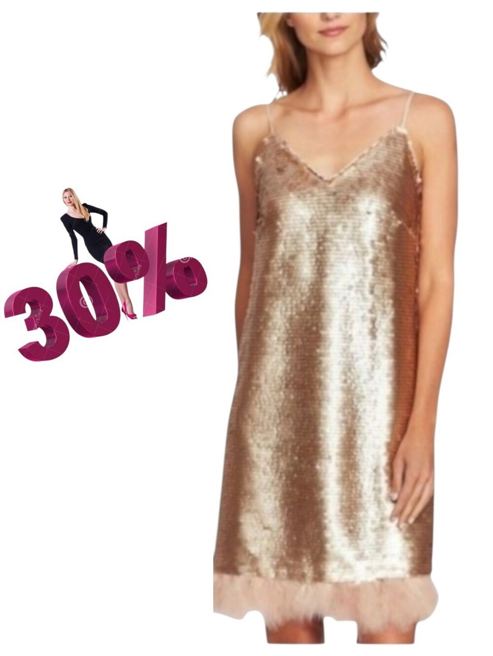 NWT CeCe Gatsby Blush Gold Sequin Feather Trim Mini Dress 2